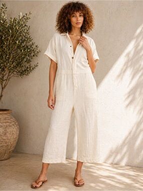 Free People Cream Cotton Utility Jumpsuit XS | Boho One Piece | Rope Tie Back